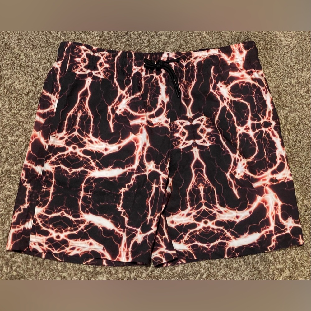Members Only Swim Shorts Black Red Lighting Print Mesh Liner Stretch UV Men Sz L